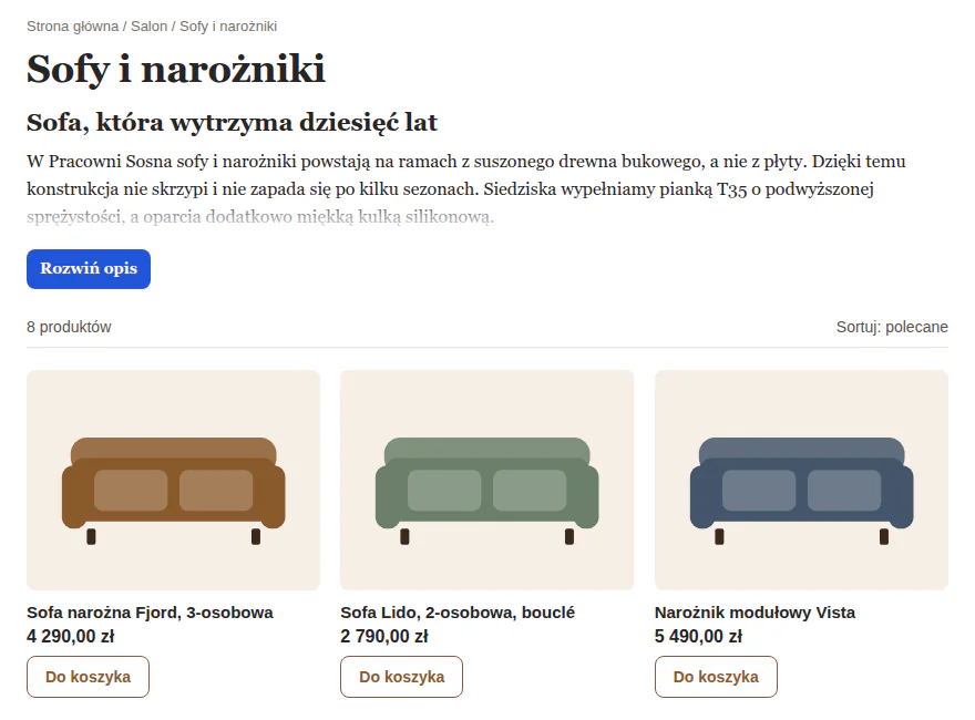 Strona kategorii Sofy i narożniki w sklepie meblarskim: nagłówek, opis zwinięty do kilku linijek z przyciskiem „Rozwiń opis” i pierwsze trzy sofy na liście produktów.