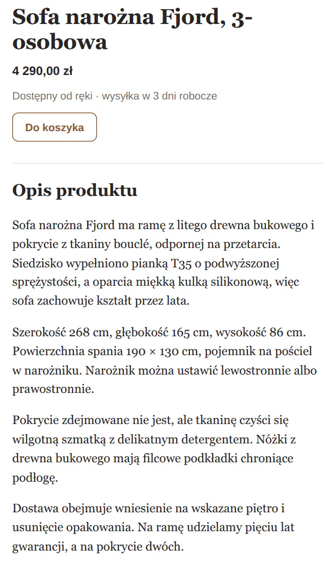 Karta produktu Sofa narożna Fjord: cały opis produktu jest rozwinięty, bez przycisku.