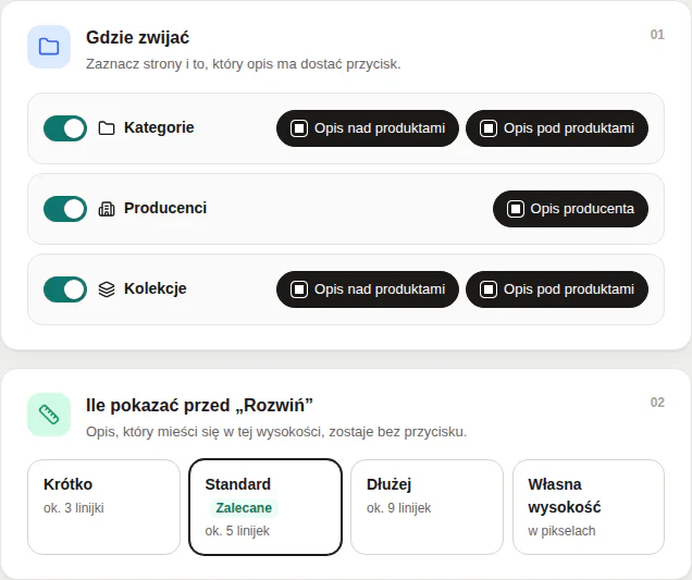 Panel GrowExpand: karty Gdzie zwijać z przełącznikami Kategorie, Producenci i Kolekcje oraz Ile pokazać z wyborem Krótko, Standard, Dłużej i Własna wysokość.