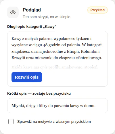 Panel, podgląd: długi opis kategorii Kawy zwinięty z przyciskiem i krótki opis bez przycisku.