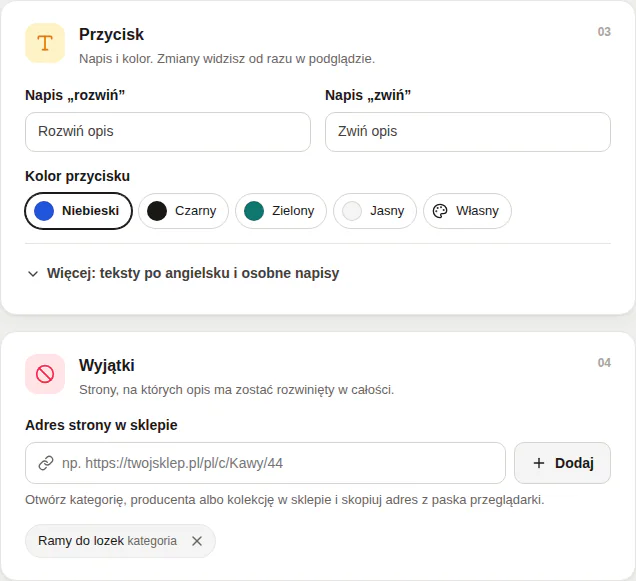 Panel, karty Przycisk i Wyjątki: pola napisów, wybór koloru i lista wyjątków z jedną dodaną stroną.