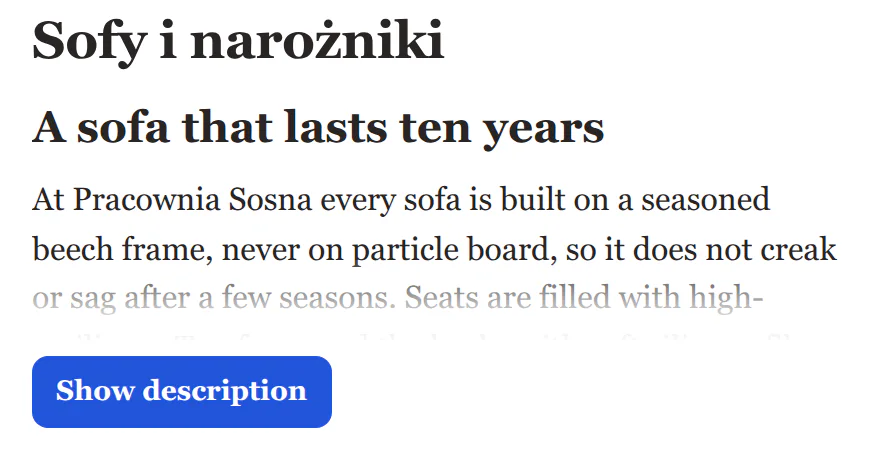 Sklep w wersji angielskiej: opis kategorii zwinięty, przycisk ma napis „Show description”.