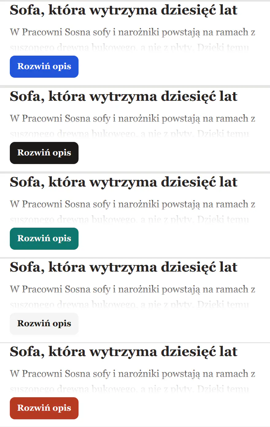 Pięć przycisków „Rozwiń opis” pod zwiniętym opisem, jeden pod drugim: niebieski, czarny, zielony, jasny i ceglany.