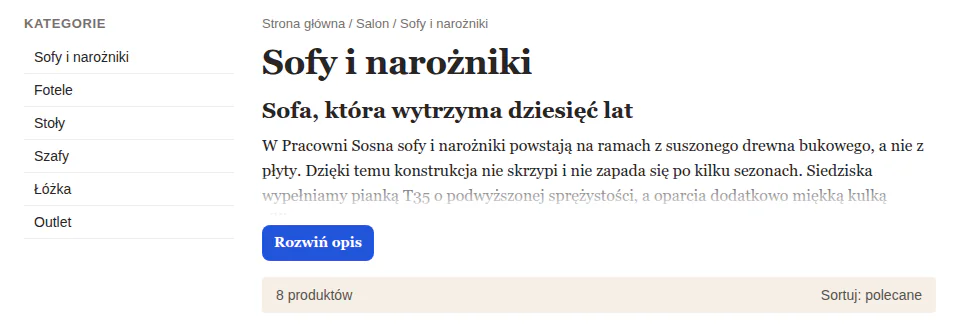 Szablon RWD z kolumną kategorii po lewej: opis kategorii zwinięty do kilku linijek z przyciskiem „Rozwiń opis”.