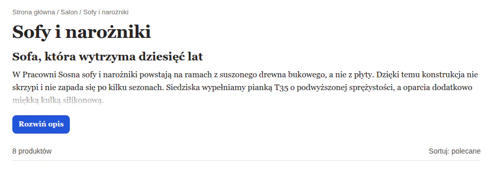 Szablon Storefront: opis kategorii zwinięty do kilku linijek, pod nim przycisk „Rozwiń opis” i pasek z liczbą produktów.