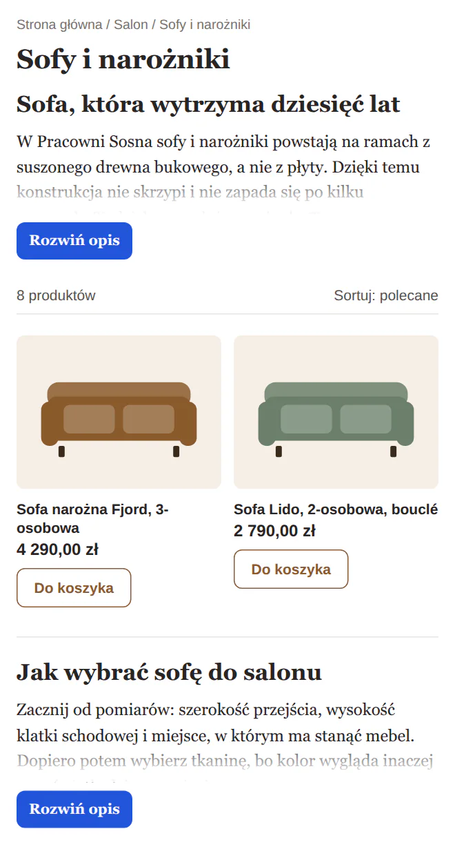 Kategoria Sofy i narożniki w wąskim oknie: opis nad produktami i opis pod produktami zwinięte, każdy z własnym przyciskiem „Rozwiń opis”.