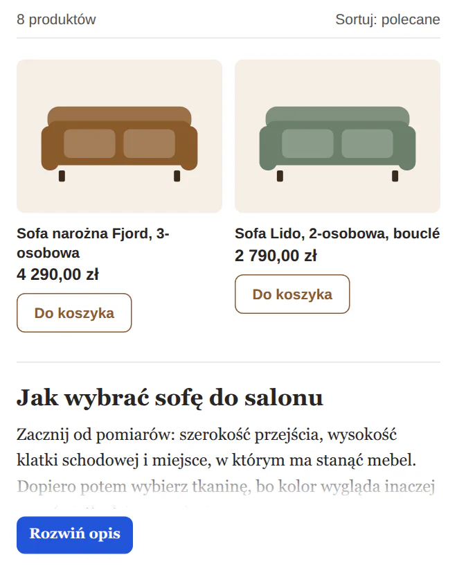 Dolny opis kategorii zwinięty do kilku linijek pod listą produktów, z przyciskiem „Rozwiń opis”.