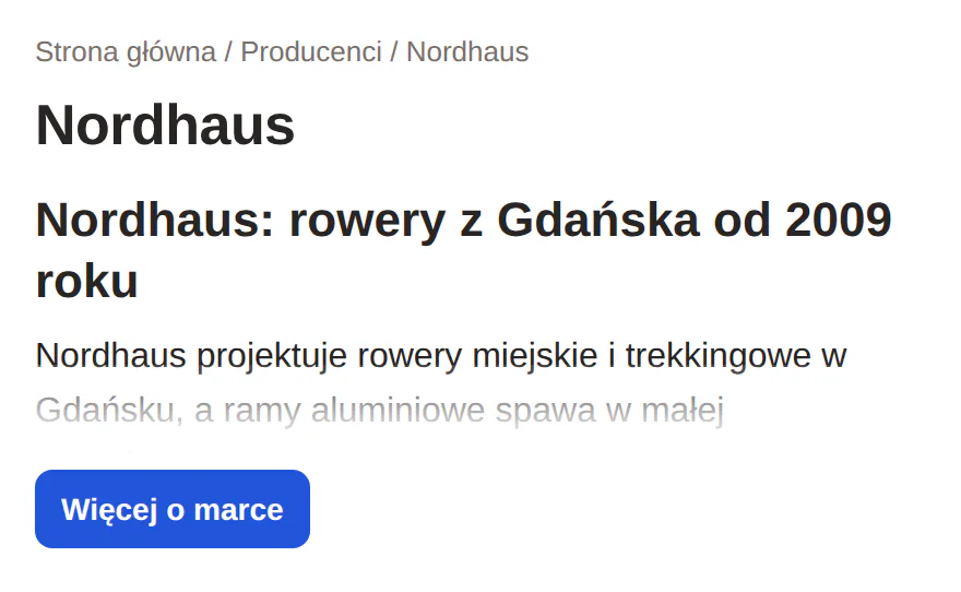 Strona producenta Nordhaus: opis marki zwinięty do kilku linijek, przycisk ma napis „Więcej o marce”.