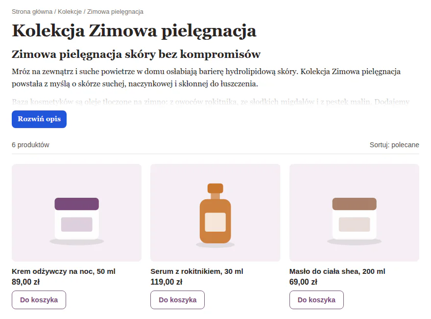 Strona kolekcji Zimowa pielęgnacja w sklepie z kosmetykami: opis zwinięty do kilku linijek z przyciskiem „Rozwiń opis”.