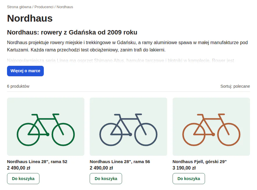 Strona producenta Nordhaus w sklepie rowerowym: opis marki zwinięty, przycisk „Więcej o marce”, pod spodem lista rowerów.