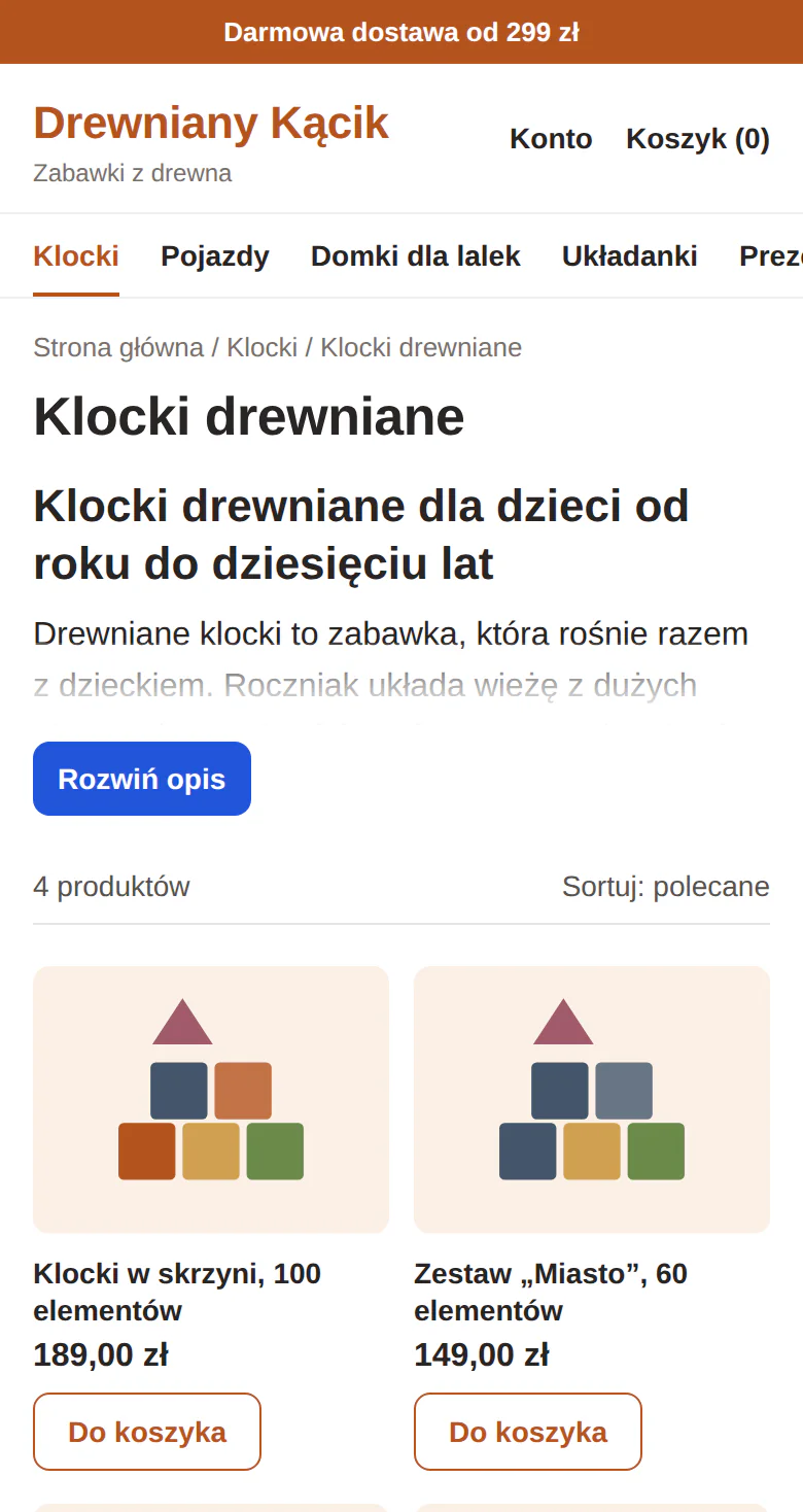 Telefon: kategoria Klocki drewniane w sklepie z zabawkami, opis zwinięty do kilku linijek z przyciskiem „Rozwiń opis”, niżej lista klocków.