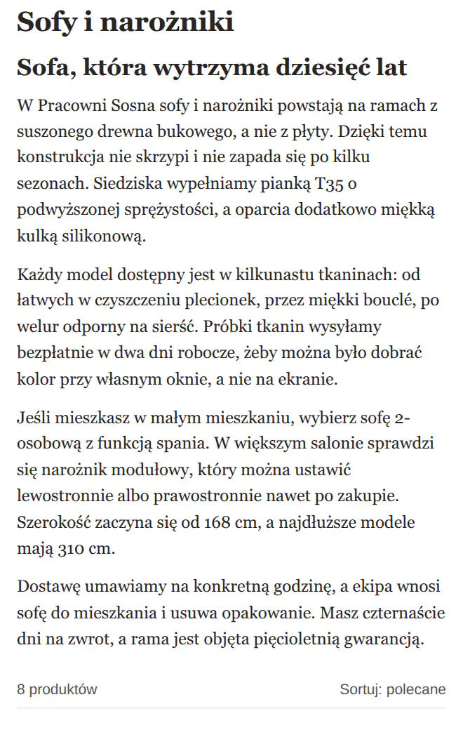 Kategoria Sofy i narożniki dodana do wyjątków: cały opis jest rozwinięty, nie ma żadnego przycisku.