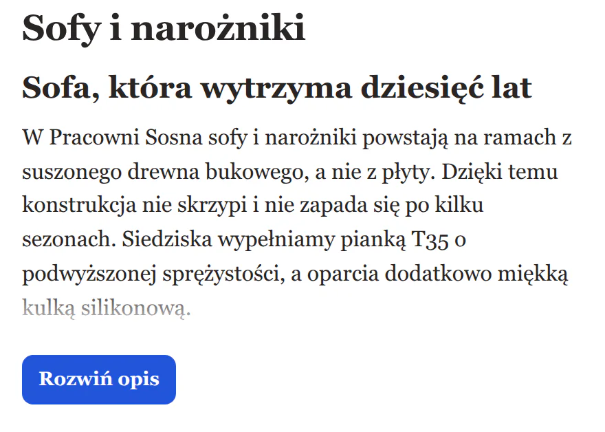 Opis kategorii zwinięty do wysokości „Dłużej”: nagłówek i osiem linijek tekstu, pod spodem przycisk „Rozwiń opis”.