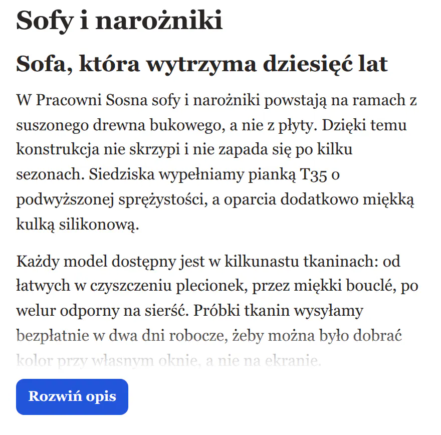 Opis kategorii zwinięty do własnej wysokości 320 pikseli: nagłówek i większość pierwszych dwóch akapitów, pod spodem przycisk „Rozwiń opis”.